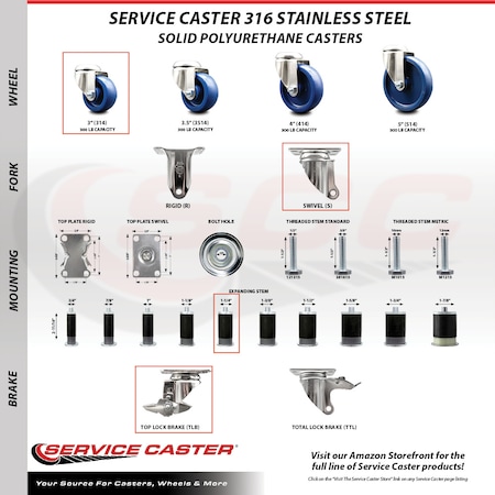 Service Caster 3 Inch 316SS Solid Poly Swivel 1-1/4 Inch Expanding Stem Caster Brake SCC, 2PK SCC-SS316EX20S314-SPUS-2-TLB-2-114